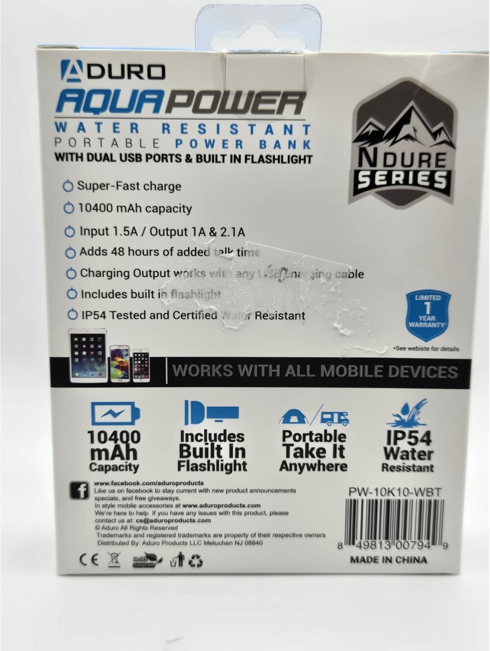 Aduro Aqua Power 10400 mAh Portable Power Bank Rugged IP54 Waterproof NIB - Picture 3 of 4